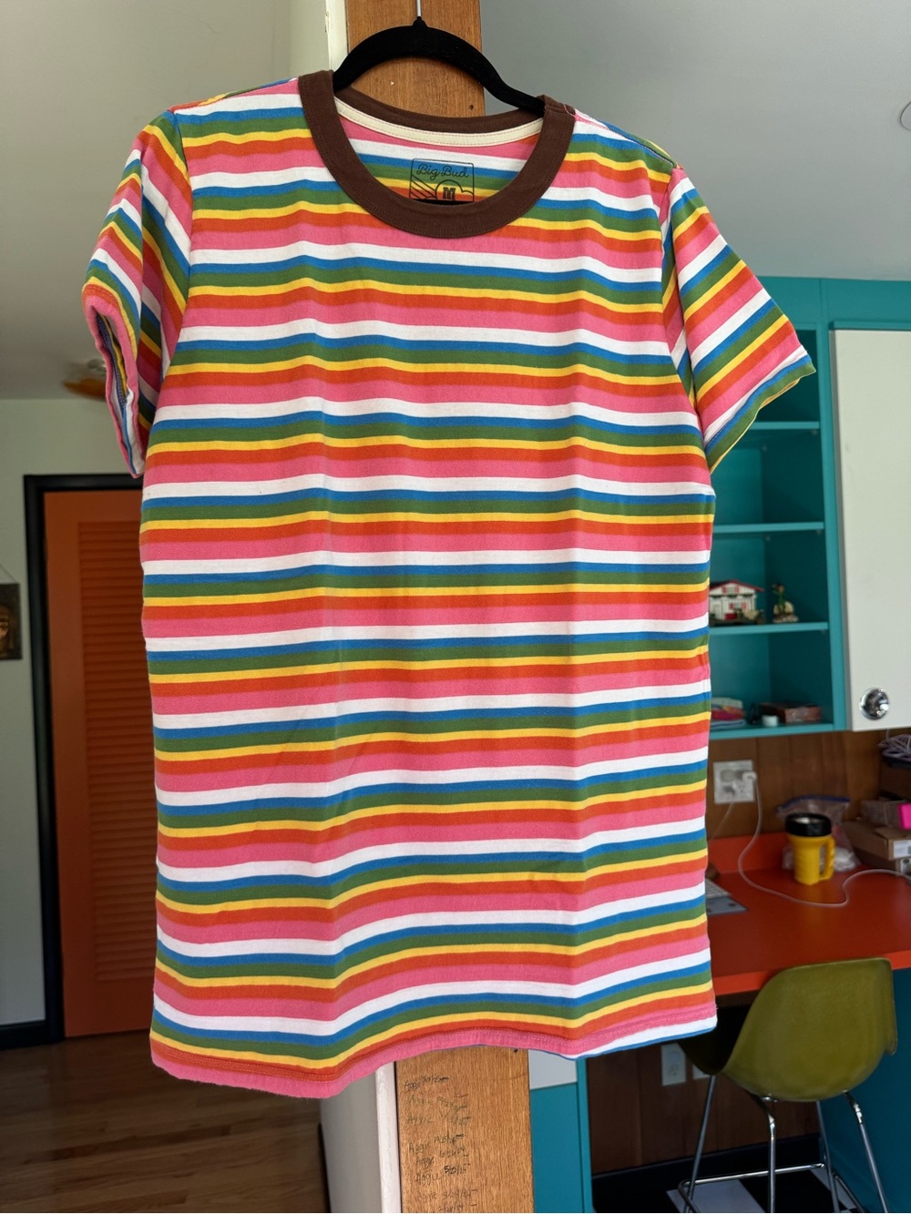Big Bud Press Multicolor Striped Short Sleeve Tee with Brown Collar